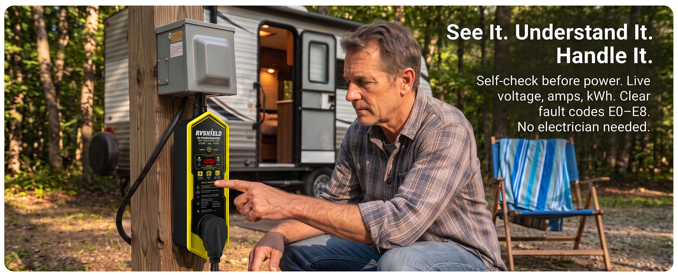 RVer checking RVShield live readings and fault codes at a campground pedestal